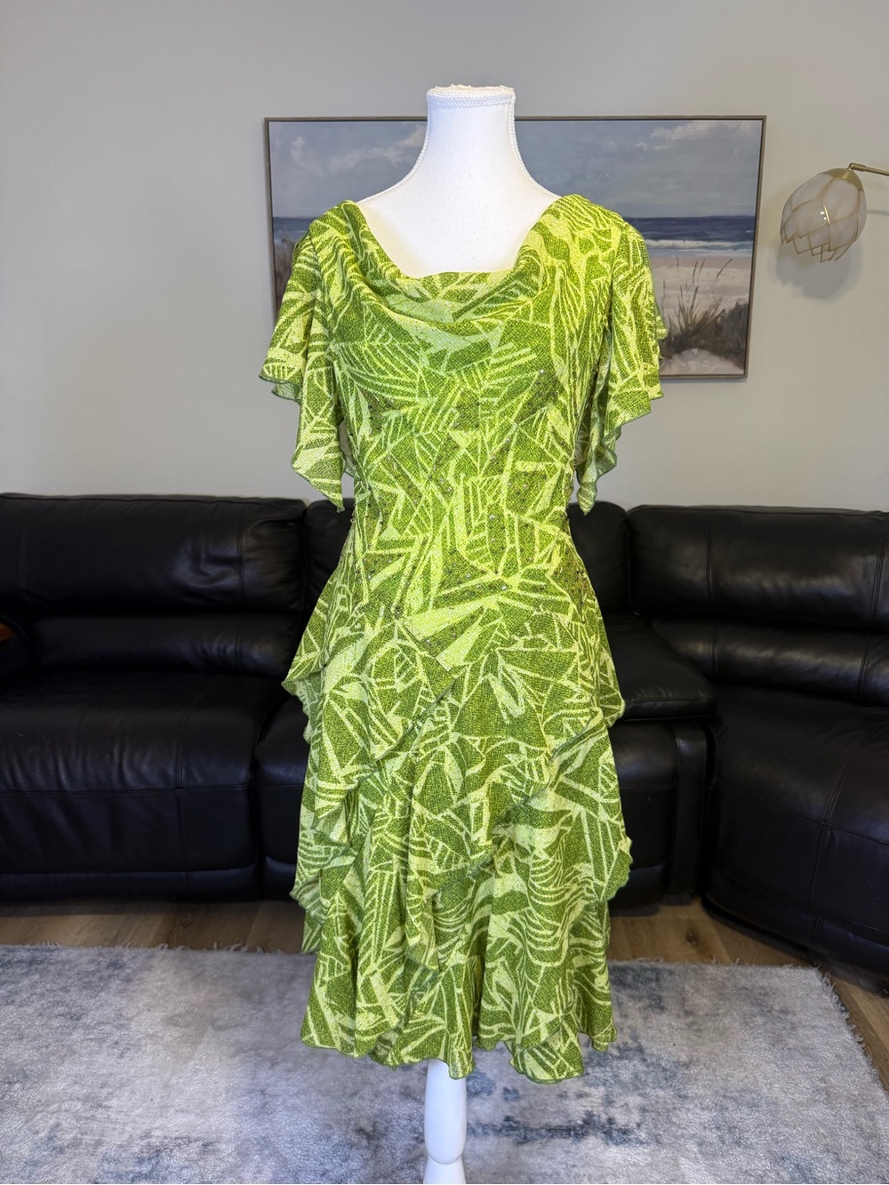 Bethany 6P Vintage Beaded Ruffle Layered Cowl Neck Green Dress Forest Fairycore